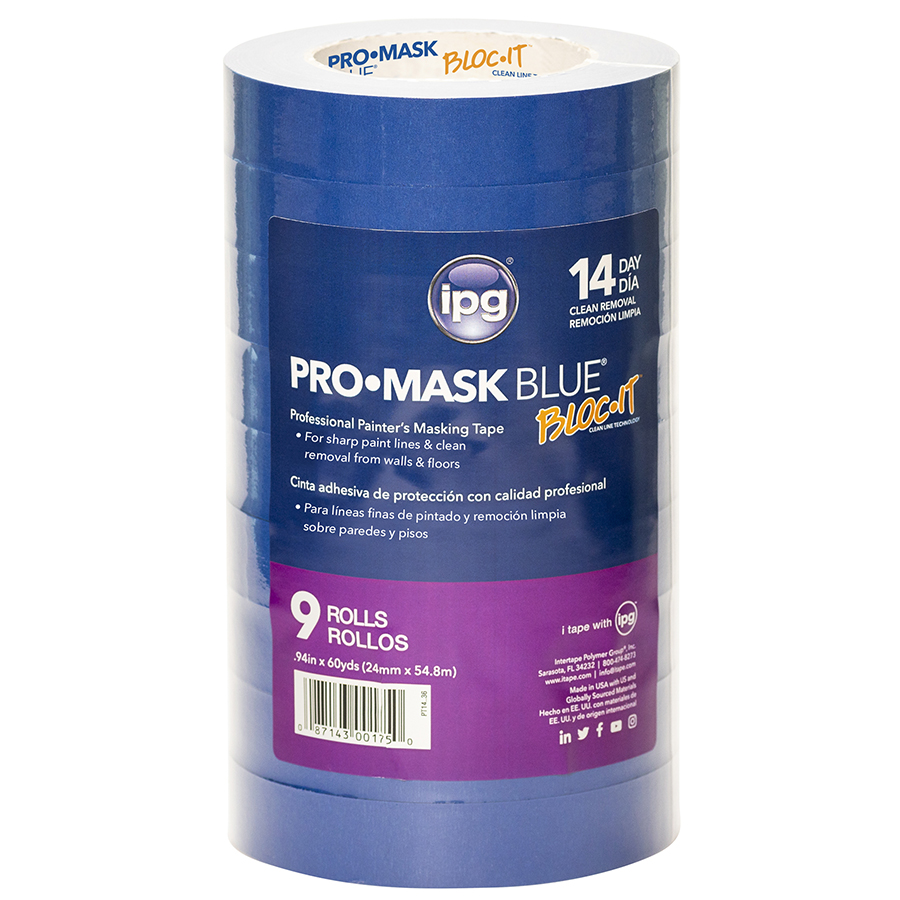 .94" x 60 Yds Intertape PT14 Blue ProMask Blue Masking Tape, Contractor 9-Pack