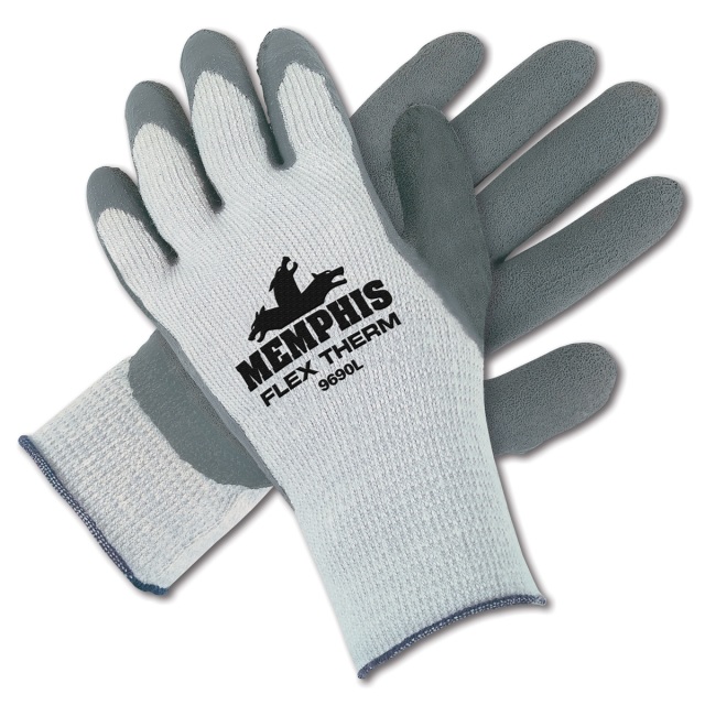 MCR Safety 9690M Gloves, Flex-Therm 10 Gauge Heavy Weight Gray Acrylic/Cotton/Poly Shell, Gray Latex Dipped Palm & Fingertips, Size Medium