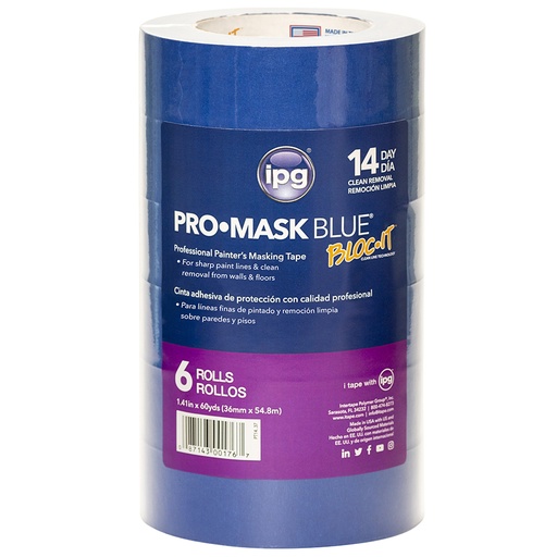 [087143001767] 1.41" x 60 Yds Intertape PT14 Blue ProMask Blue Masking Tape, Contractor 6-Pack 