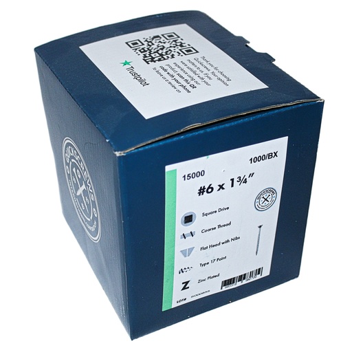 [15000] #6-13x1 3/4" Square Flat Head With Nibs Under Head Coarse Thread Type 17 Zinc Plated Screws